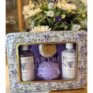 NEW Crabtree & Evelyn Wisteria Glycine 4pc Gift Tin Lotion Wash Soap Loofah 4 OZ